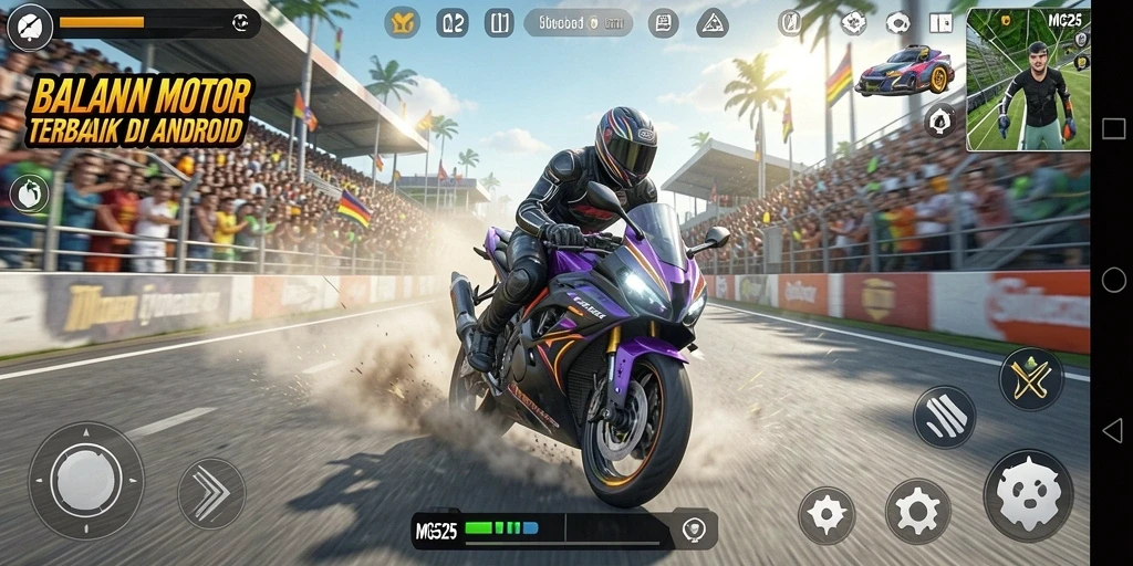 Tampilan gameplay MG525 dengan aksi balapan motor yang seru.