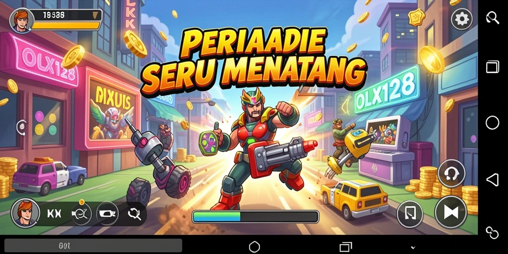 Tampilan utama OLX128 yang menggambarkan aksi seru dalam permainan Arcade.