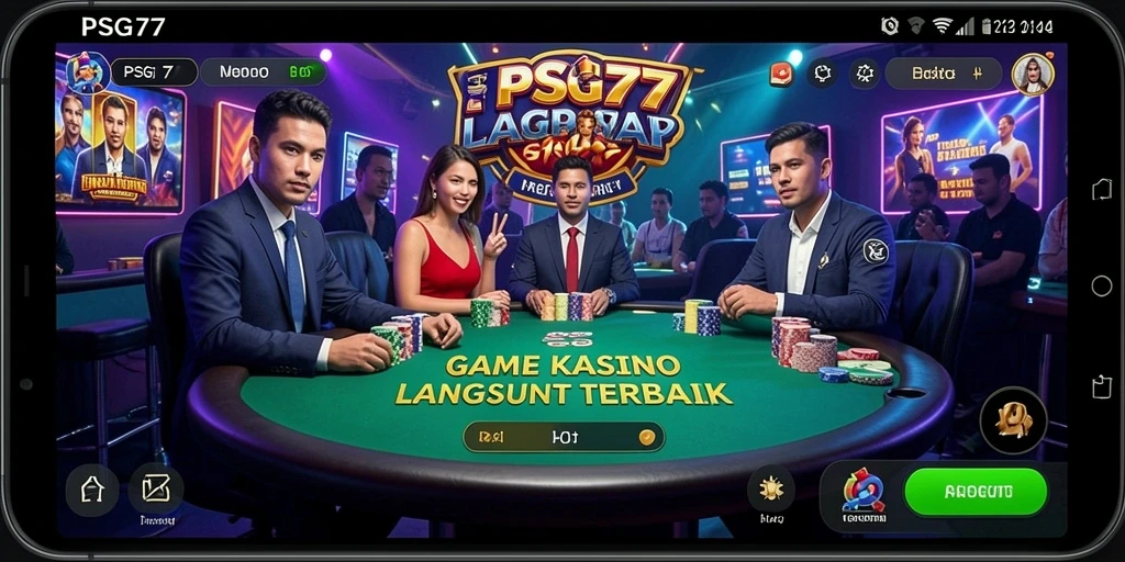 Screenshot gameplay Live Casino PSG77 menunjukkan dealer langsung dan suasana kasino yang mengasyikkan.