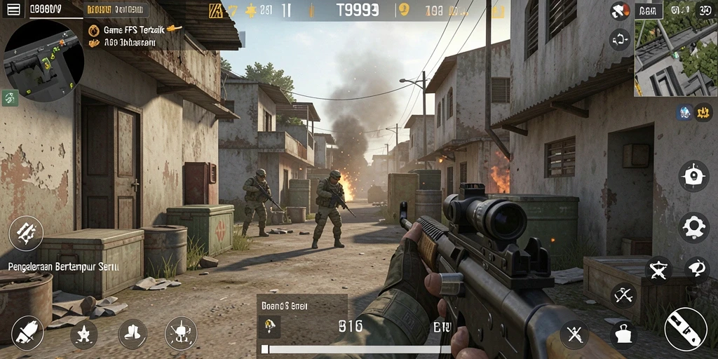 Screenshot gameplay T9999 menampilkan aksi peperangan yang seru dan mendebarkan.